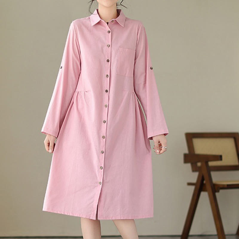 Buddha Stones Summer Casual Plain Buttons Stand Collar Design Three Quarter Sleeve Acrylic Cardigan Midi Dress With Pockets - image 11