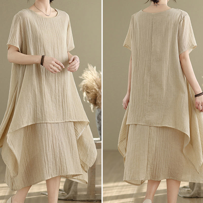 Buddha Stones Summer Casual Plain Design Crew Neck Short Sleeve Cotton Linen Blended Double Layer Midi Dress - image 2