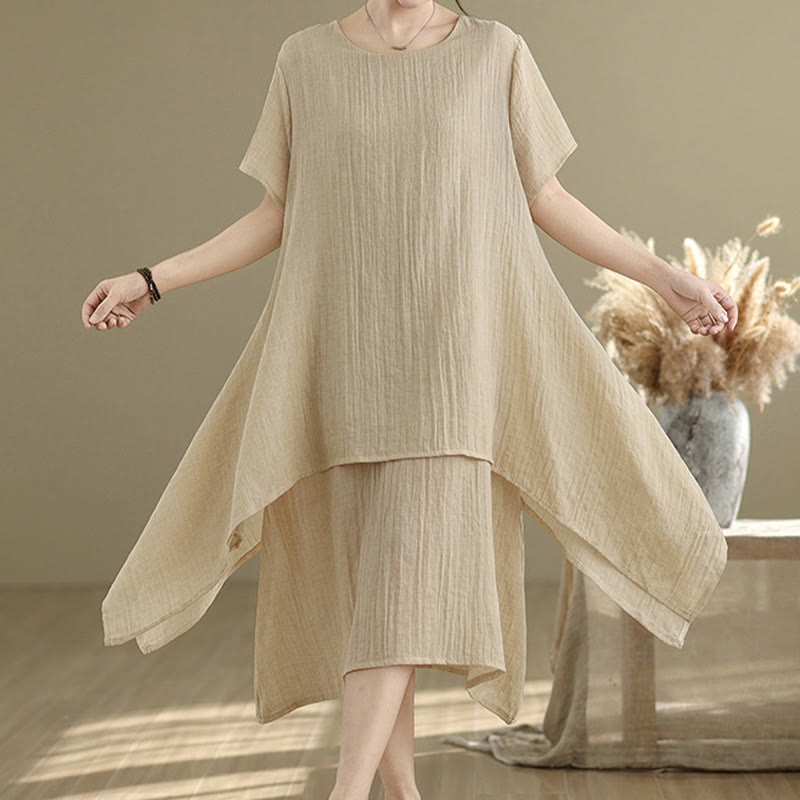 Buddha Stones Summer Casual Plain Design Crew Neck Short Sleeve Cotton Linen Blended Double Layer Midi Dress - Tan - US8-10，UK/AU12-14，EU40-42 (2XL) - image 0
