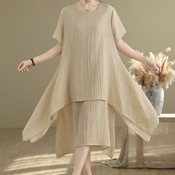 Buddha Stones Summer Casual Plain Design Crew Neck Short Sleeve Cotton Linen Blended Double Layer Midi Dress - Tan - US8-10，UK/AU12-14，EU40-42 (2XL) - image 0