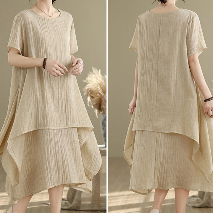 Buddha Stones Summer Casual Plain Design Crew Neck Short Sleeve Cotton Linen Blended Double Layer Midi Dress