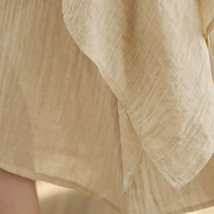 Buddha Stones Summer Casual Plain Design Crew Neck Short Sleeve Cotton Linen Blended Double Layer Midi Dress - image 5