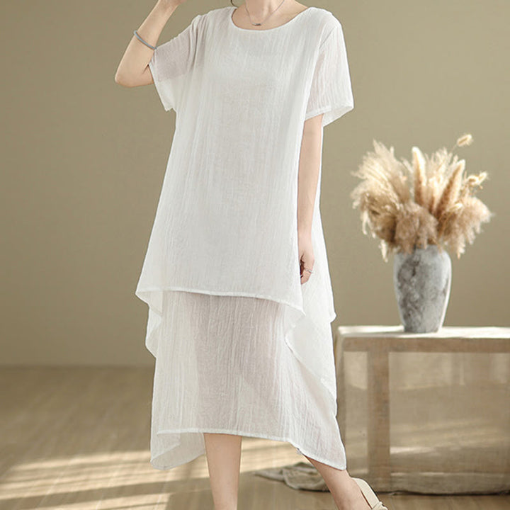 Buddha Stones Summer Casual Plain Design Crew Neck Short Sleeve Cotton Linen Blended Double Layer Midi Dress