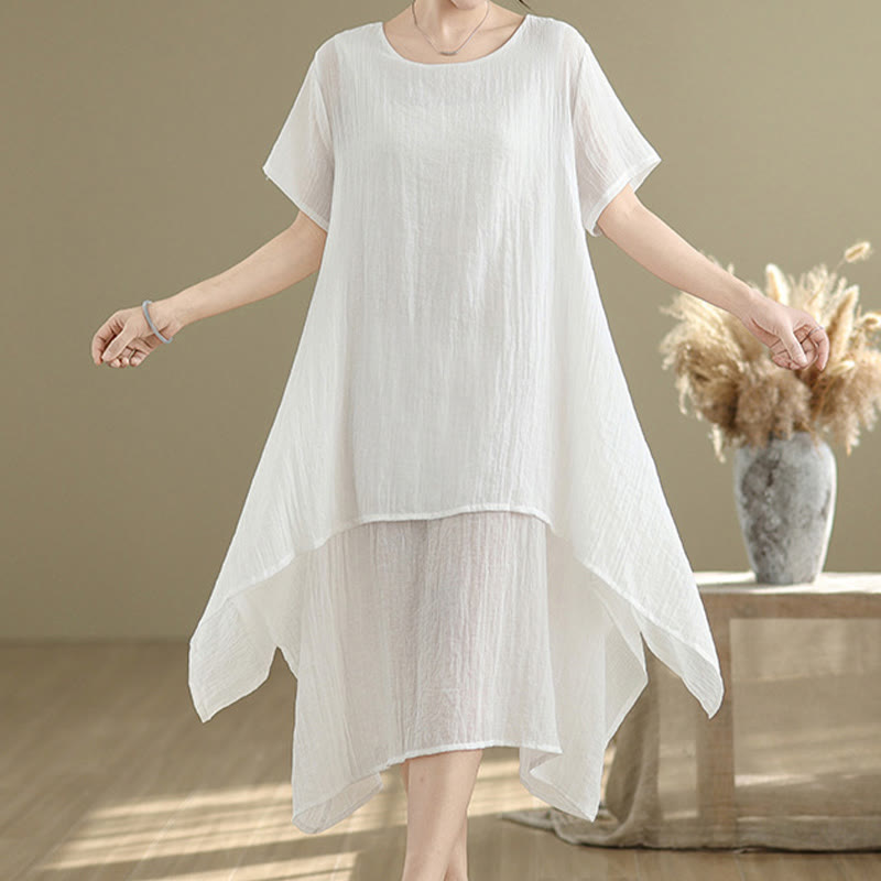 Buddha Stones Summer Casual Plain Design Crew Neck Short Sleeve Cotton Linen Blended Double Layer Midi Dress - image 10