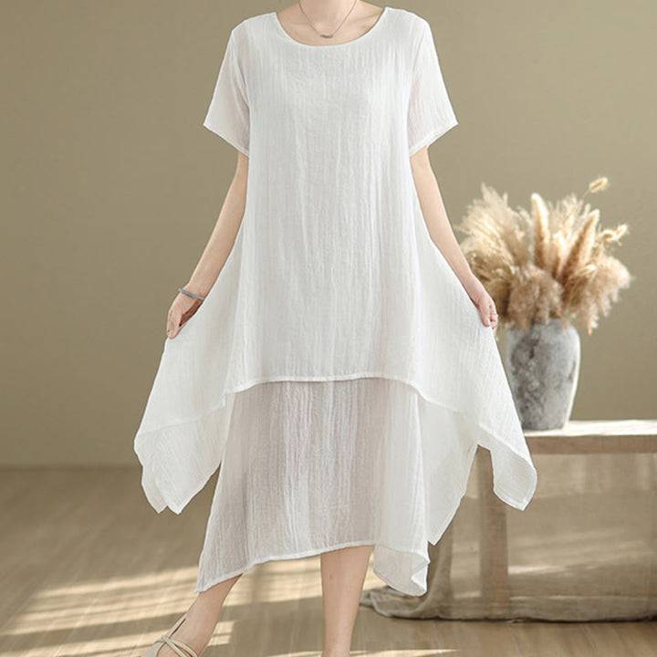 Buddha Stones Summer Casual Plain Design Crew Neck Short Sleeve Cotton Linen Blended Double Layer Midi Dress - image 12