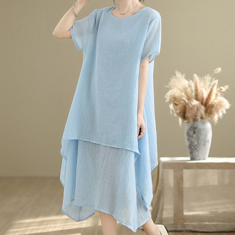 Buddha Stones Summer Casual Plain Design Crew Neck Short Sleeve Cotton Linen Blended Double Layer Midi Dress - image 16