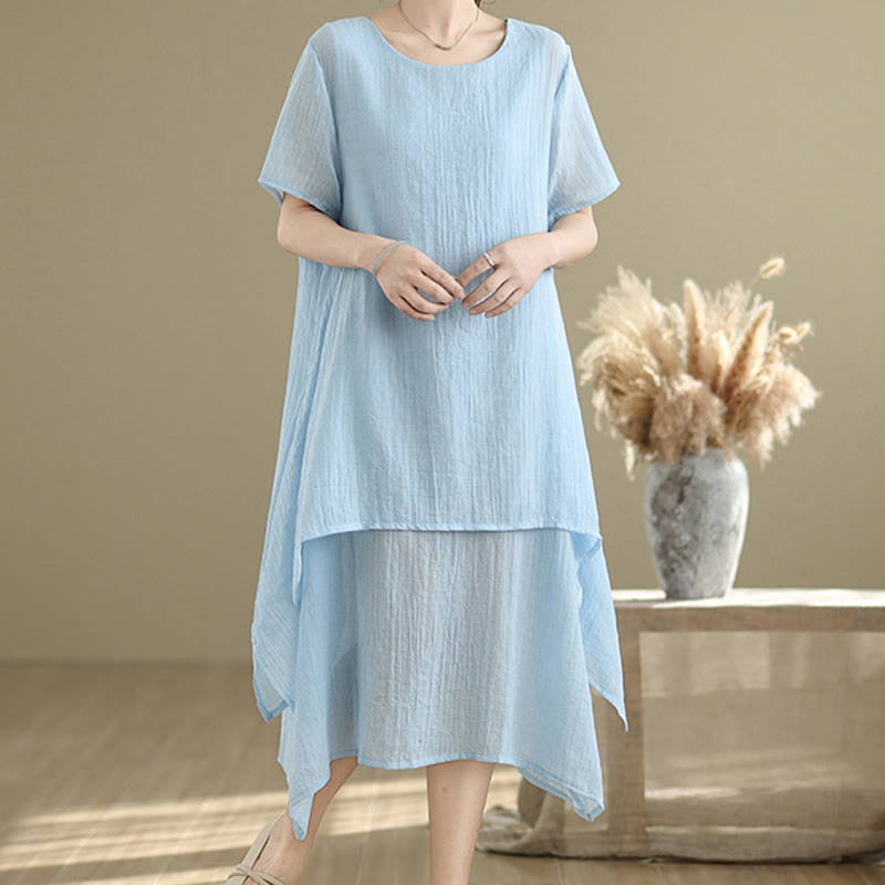 Buddha Stones Summer Casual Plain Design Crew Neck Short Sleeve Cotton Linen Blended Double Layer Midi Dress - image 17
