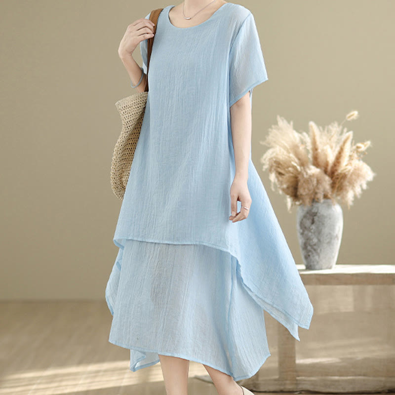 Buddha Stones Summer Casual Plain Design Crew Neck Short Sleeve Cotton Linen Blended Double Layer Midi Dress - image 18