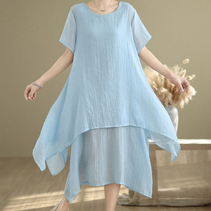 Buddha Stones Summer Casual Plain Design Crew Neck Short Sleeve Cotton Linen Blended Double Layer Midi Dress - LightSkyBlue - US8-10，UK/AU12-14，EU40-42 (2XL) - image 15