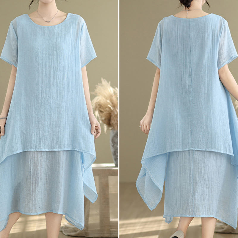 Buddha Stones Summer Casual Plain Design Crew Neck Short Sleeve Cotton Linen Blended Double Layer Midi Dress - image 19