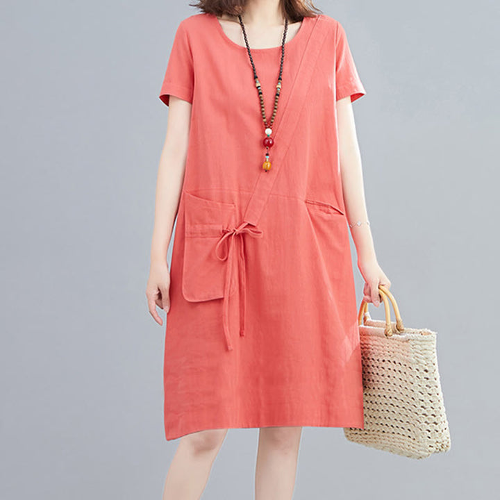 Buddha Stones Summer Casual Plain Lace-Up Design Crew Neck Short Sleeve Cotton Linen Midi Dress With Pockets - image 8