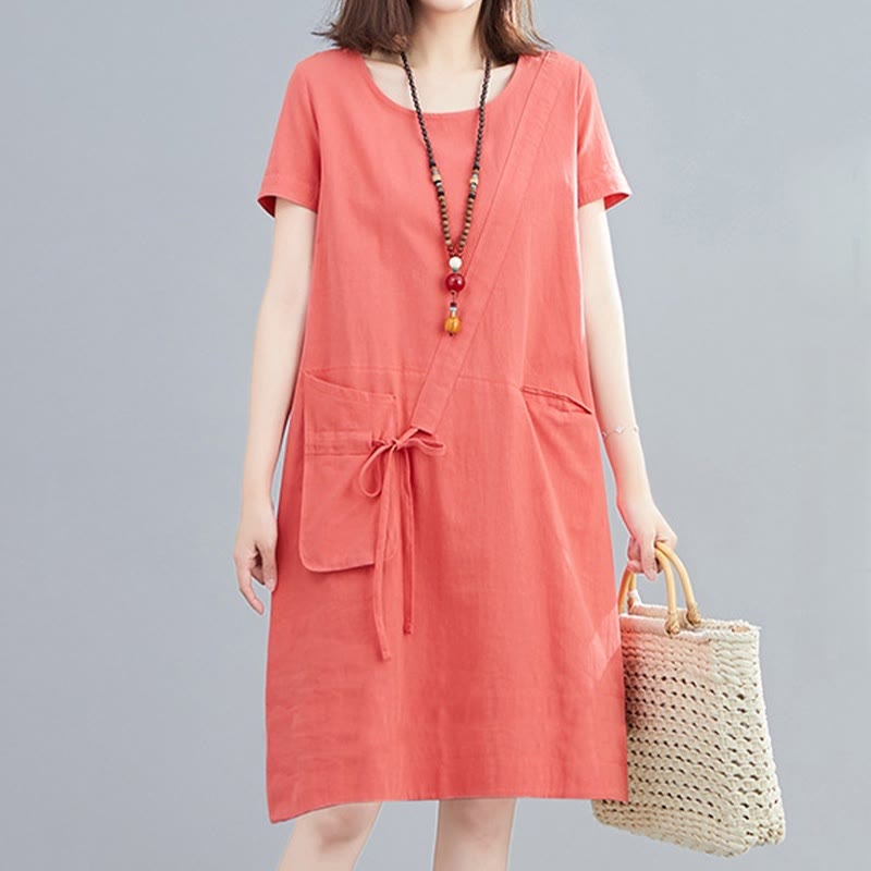 Buddha Stones Summer Casual Plain Lace-Up Design Crew Neck Short Sleeve Cotton Linen Midi Dress With Pockets - LightCoral - US8-10，UK/AU12-14，EU40-42 (2XL) - image 5
