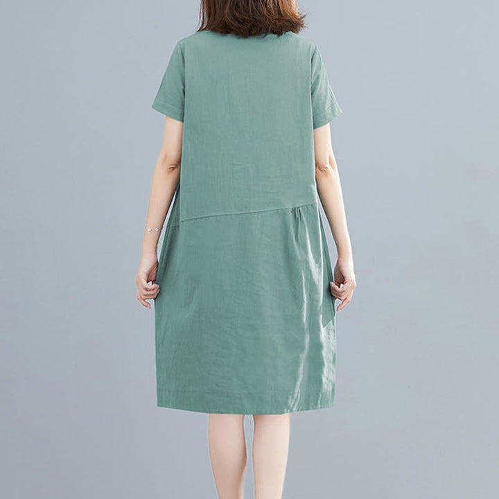 Buddha Stones Summer Casual Plain Lace-Up Design Crew Neck Short Sleeve Cotton Linen Midi Dress With Pockets - image 19