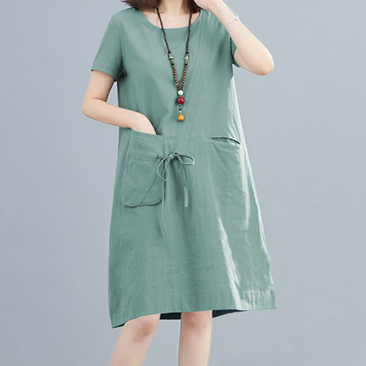 Buddha Stones Summer Casual Plain Lace-Up Design Crew Neck Short Sleeve Cotton Linen Midi Dress With Pockets - image 18
