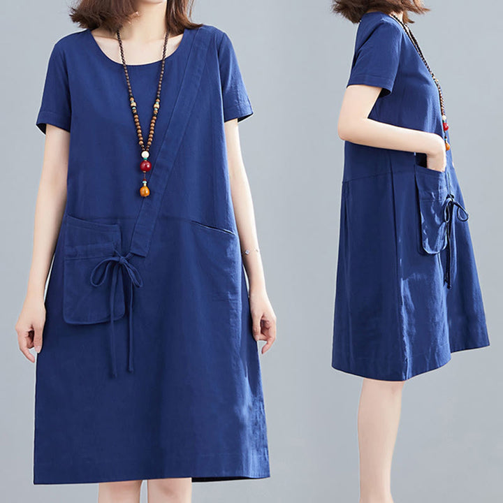 Buddha Stones Summer Casual Plain Lace-Up Design Crew Neck Short Sleeve Cotton Linen Midi Dress With Pockets - image 25