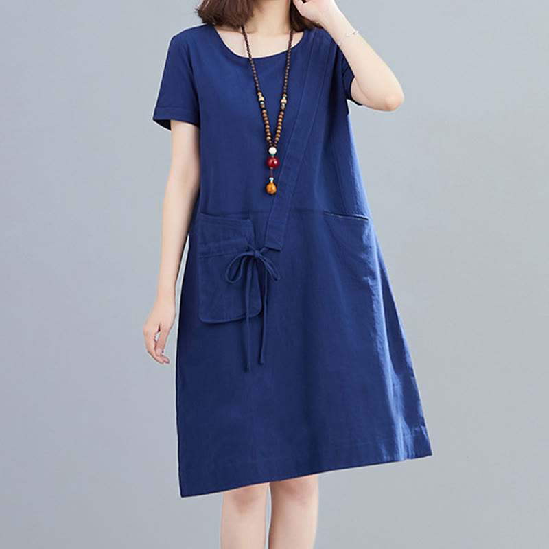 Buddha Stones Summer Casual Plain Lace-Up Design Crew Neck Short Sleeve Cotton Linen Midi Dress With Pockets - MediumBlue - US8-10，UK/AU12-14，EU40-42 (2XL) - image 21