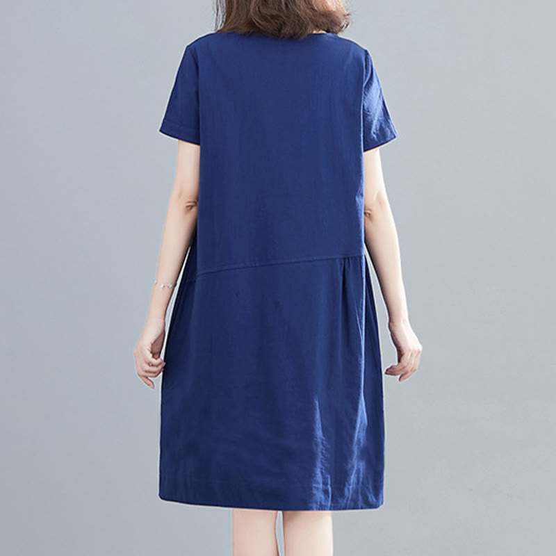 Buddha Stones Summer Casual Plain Lace-Up Design Crew Neck Short Sleeve Cotton Linen Midi Dress With Pockets - image 24