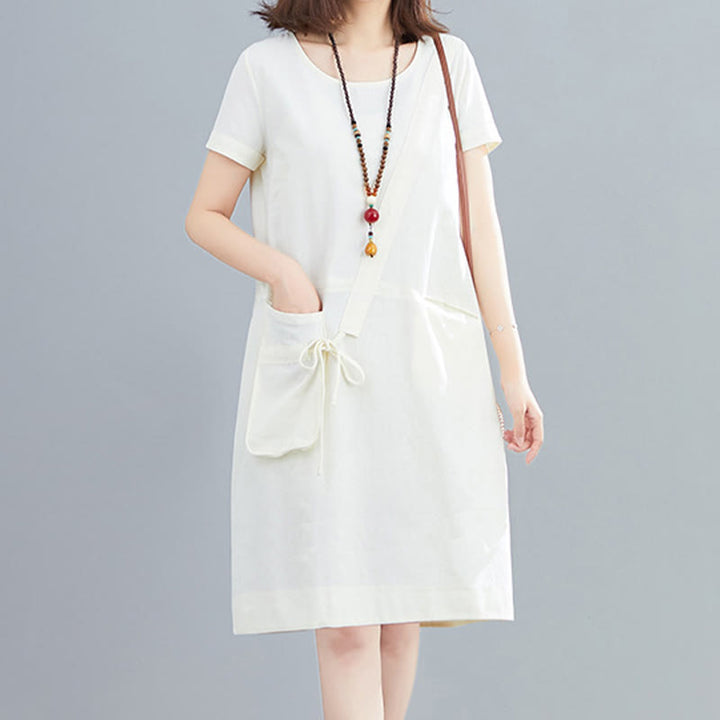 Buddha Stones Summer Casual Plain Lace-Up Design Crew Neck Short Sleeve Cotton Linen Midi Dress With Pockets - White - US8-10，UK/AU12-14，EU40-42 (2XL) - image 0