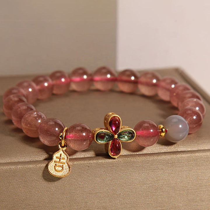 Buddha Stones Strawberry Quartz Four-leaf Clover Lucky Gourd Healing Bracelet