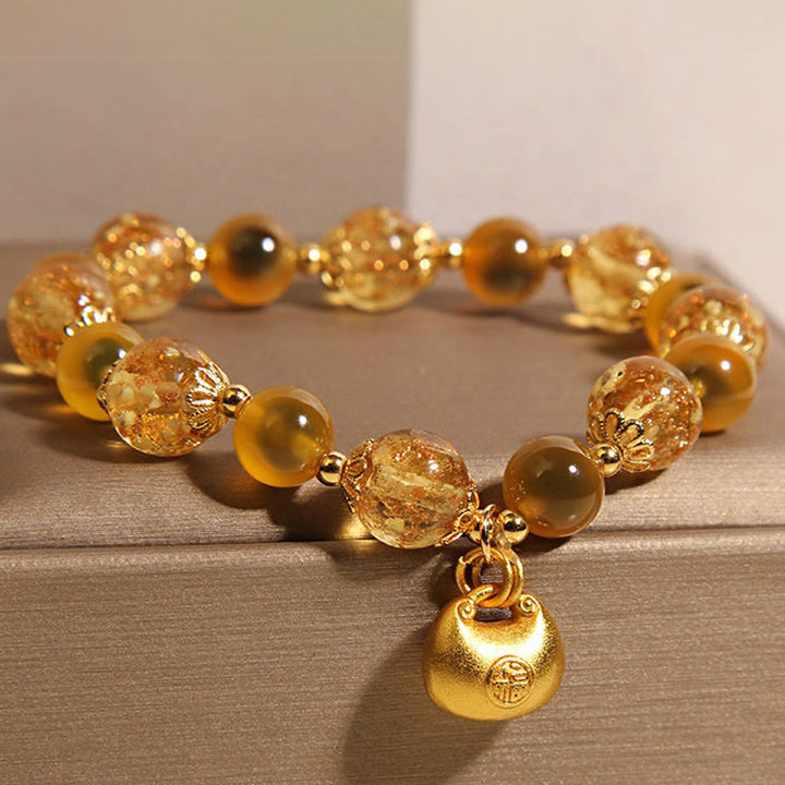 Buddha Stones Yellow Candy Agate Fu Character Blessing Bag Healing Bracelet