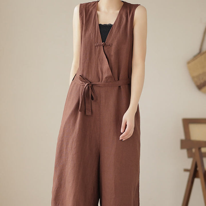 Buddha Stones Casual Lace-Up Simple Sleeveless Design Women's Cotton Linen Jumpsuit With Pockets - image 3