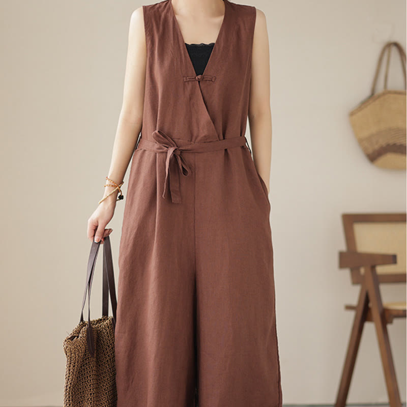 Buddha Stones Casual Lace-Up Simple Sleeveless Design Women's Cotton Linen Jumpsuit With Pockets - image 1