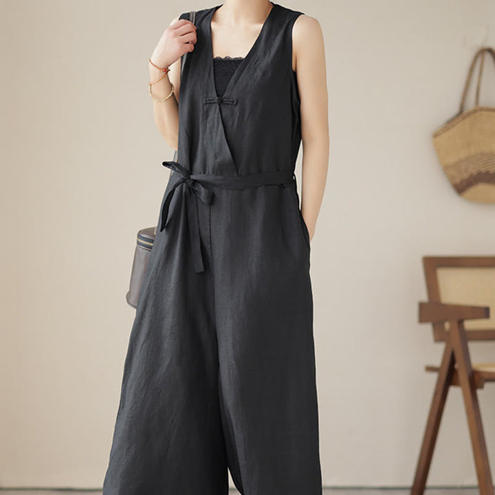 Buddha Stones Casual Lace-Up Simple Sleeveless Design Women's Cotton Linen Jumpsuit With Pockets - image 19