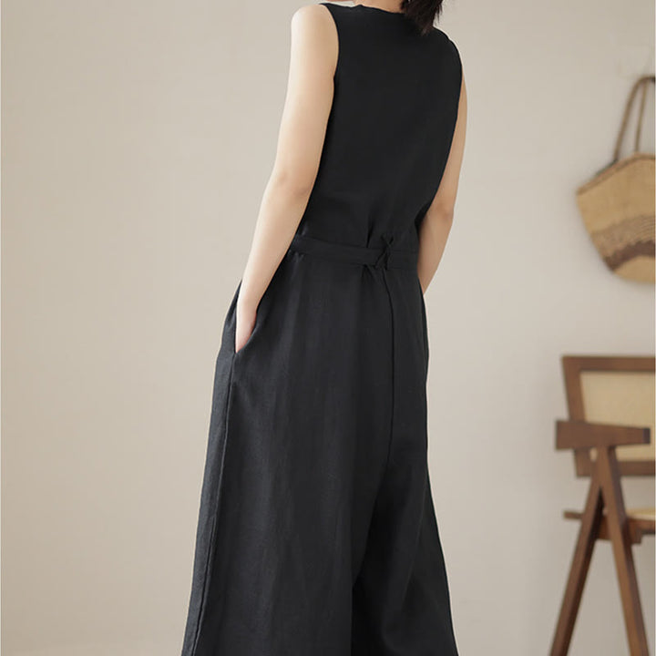 Buddha Stones Casual Lace-Up Simple Sleeveless Design Women's Cotton Linen Jumpsuit With Pockets - image 20