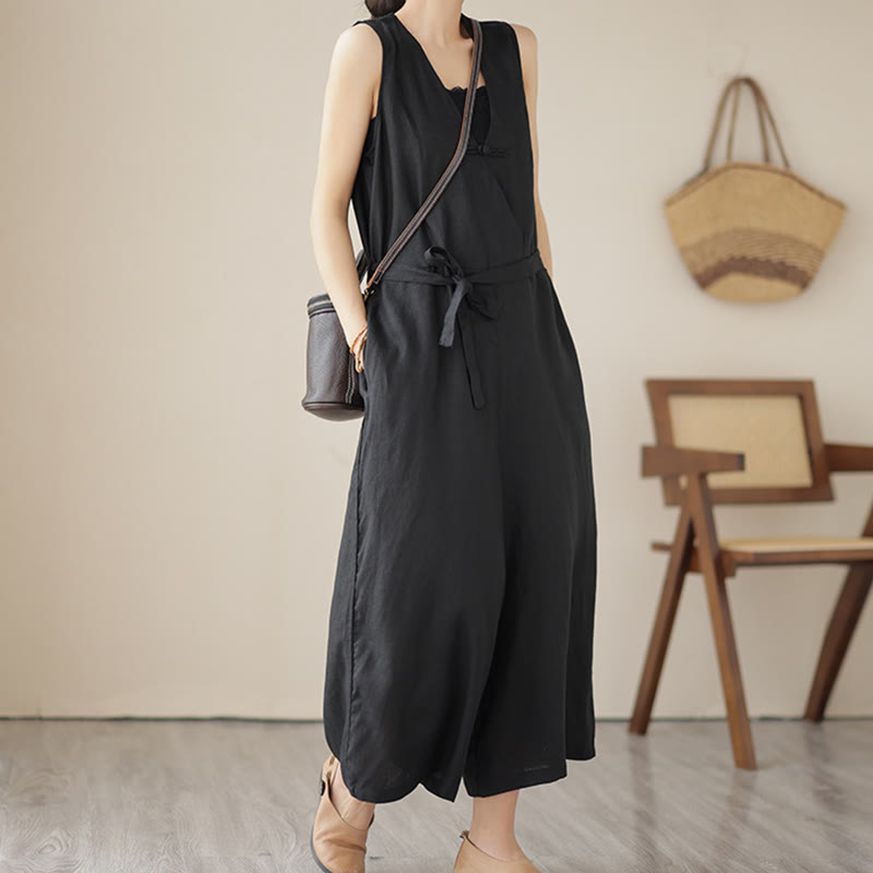 Buddha Stones Casual Lace-Up Simple Sleeveless Design Women's Cotton Linen Jumpsuit With Pockets - Black - US14，UK/AU18，EU46 (2XL) - image 16
