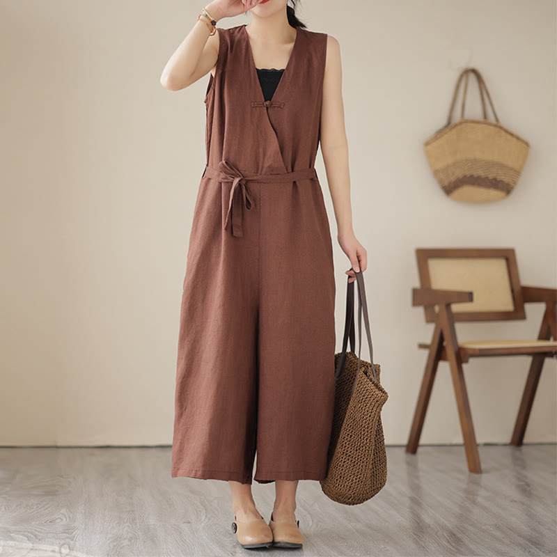 Buddha Stones Casual Lace-Up Simple Sleeveless Design Women's Cotton Linen Jumpsuit With Pockets - SaddleBrown - US14，UK/AU18，EU46 (2XL) - image 0