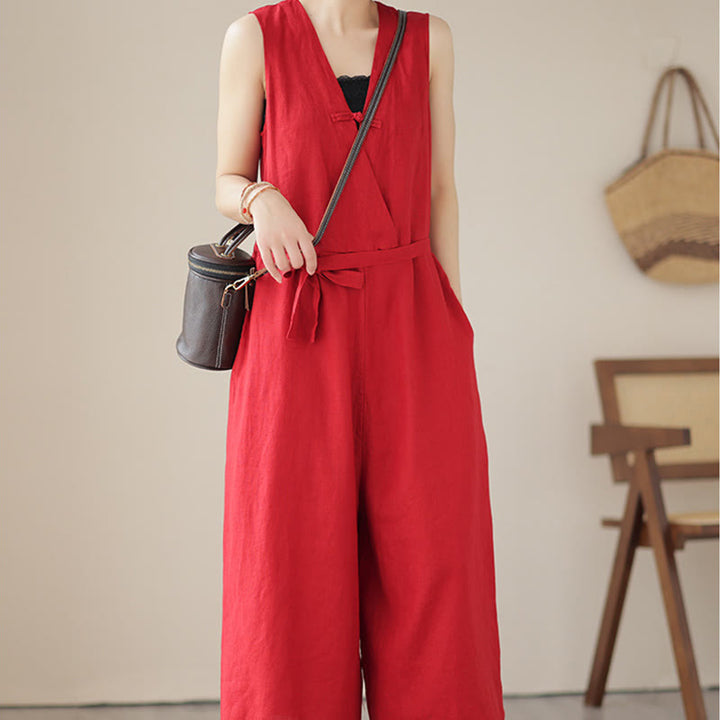 Buddha Stones Casual Lace-Up Simple Sleeveless Design Women's Cotton Linen Jumpsuit With Pockets - image 7