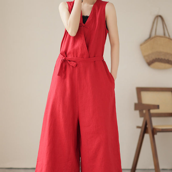 Buddha Stones Casual Lace-Up Simple Sleeveless Design Women's Cotton Linen Jumpsuit With Pockets - image 10