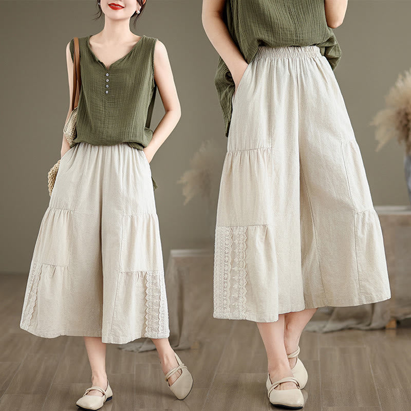 Buddha Stones Casual Plain Lace Splicing Cotton Women's Cropped Wide Leg Pants With Pockets - image 10