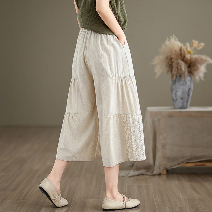 Buddha Stones Casual Plain Lace Splicing Cotton Linen Women's Cropped Wide Leg Pants With Pockets - image 4