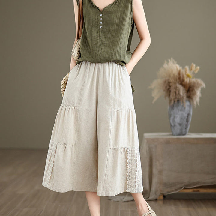 Buddha Stones Casual Plain Lace Splicing Cotton Women's Cropped Wide Leg Pants With Pockets - image 1