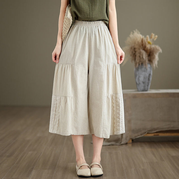 Buddha Stones Casual Plain Lace Splicing Cotton Women's Cropped Wide Leg Pants With Pockets - image 3
