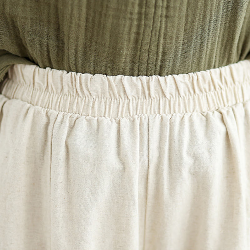 Buddha Stones Casual Plain Lace Splicing Cotton Women's Cropped Wide Leg Pants With Pockets - image 6