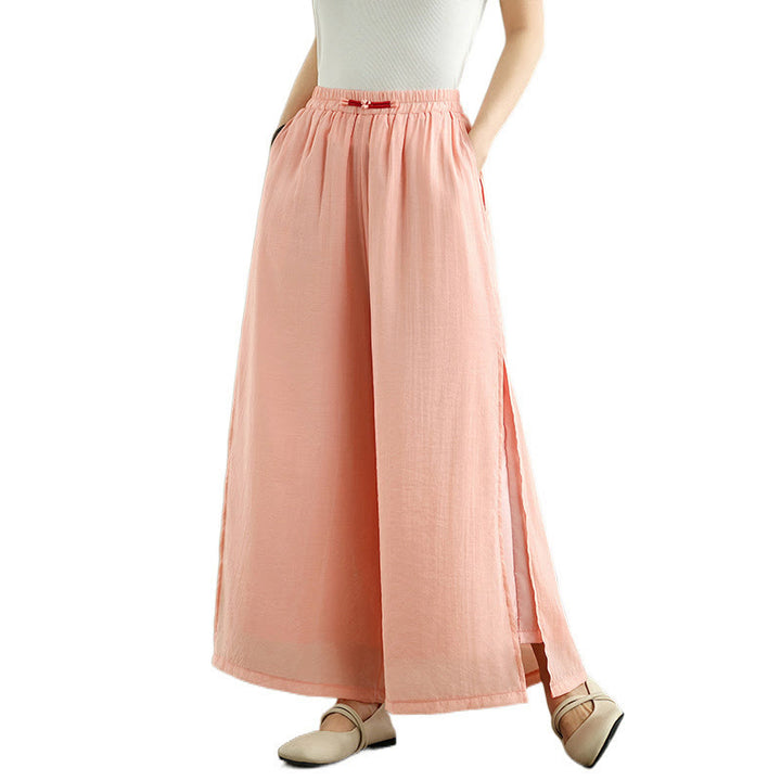 Buddha Stones Casual Vintage Side Slit Hem Design Cotton Linen Women's Wide Leg Pants With Pockets - image 8