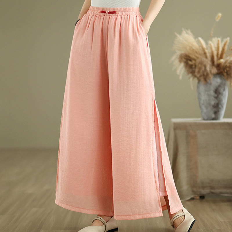 Buddha Stones Casual Vintage Side Slit Hem Design Cotton Linen Women's Wide Leg Pants With Pockets - image 3