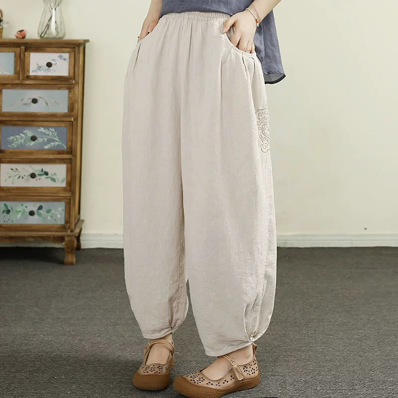 Buddha Stones Vintage Solid Color Embroidery Cotton Linen Women's 7-8 Length Harem Pants With Pockets - Beige - US6，UK/AU10，EU38 (XL) - image 0