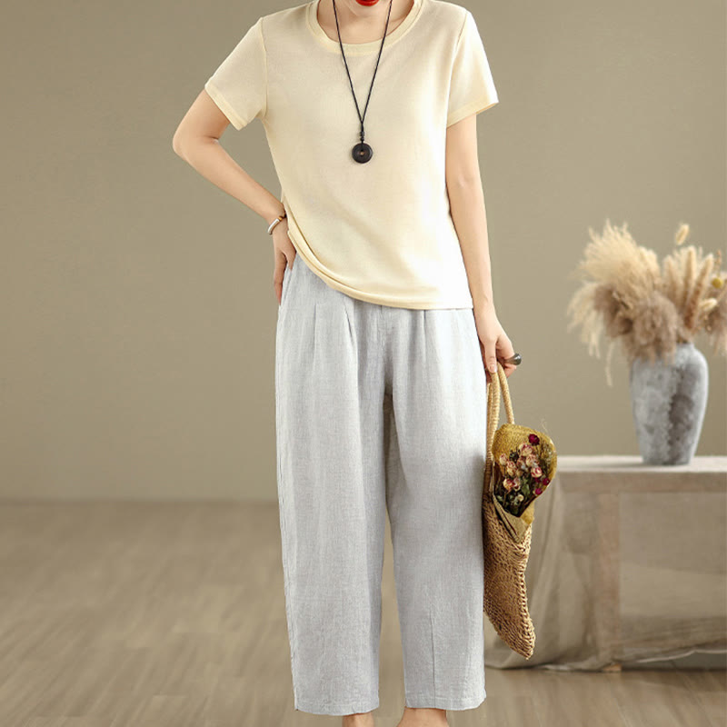 Buddha Stones Casual Summer Solid Color High Waist Women's Cotton Linen Harem Pants With Pockets