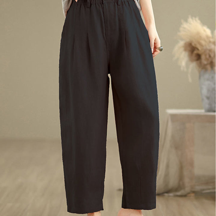 Buddha Stones Casual Summer Solid Color High Waist Women's Cotton Linen Harem Pants With Pockets