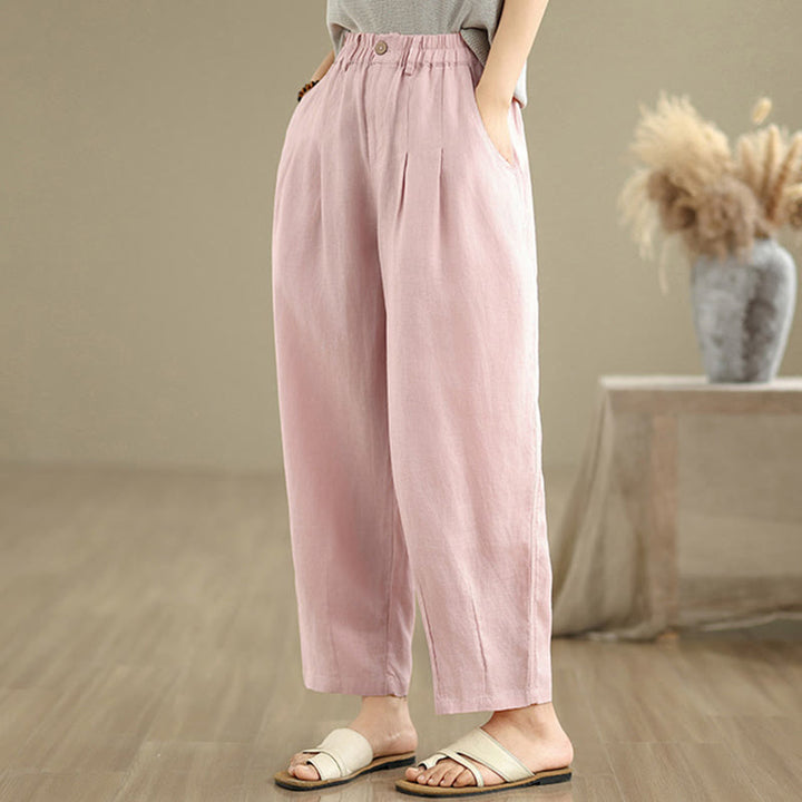 Buddha Stones Casual Summer Solid Color High Waist Women's Cotton Linen Harem Pants With Pockets