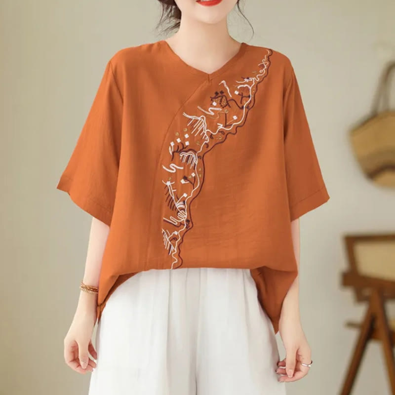 Buddha Stones Ethnic Casual Embroidered Geometry Pattern Women's Crew Neck Design Half Sleeve T-Shirt - DarkOrange - US14，UK/AU18，EU46 (4XL) - image 6
