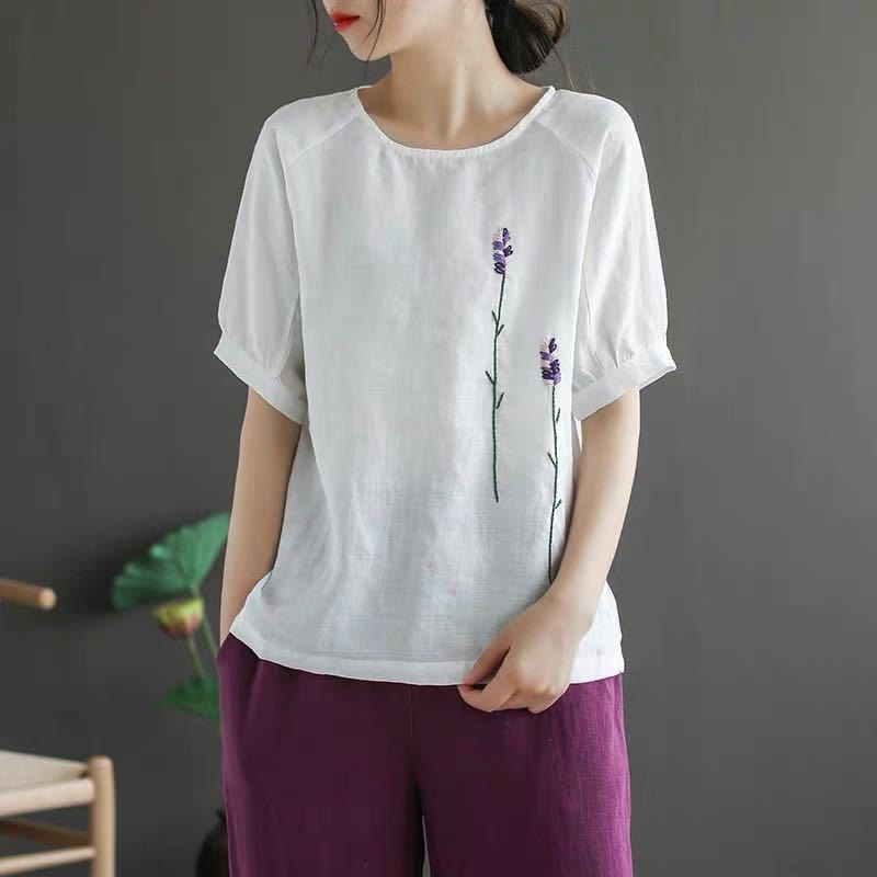Buddha Stones Summer Vintage Embroidered Flower Pattern Women's Crew Neck Design Cotton Linen T-Shirt - White - US8-10，UK/AU12-14，EU40-42 (2XL) - image 13