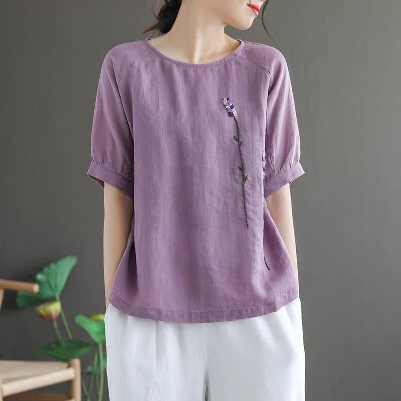 Buddha Stones Summer Vintage Embroidered Flower Pattern Women's Crew Neck Design Cotton Linen T-Shirt - image 2