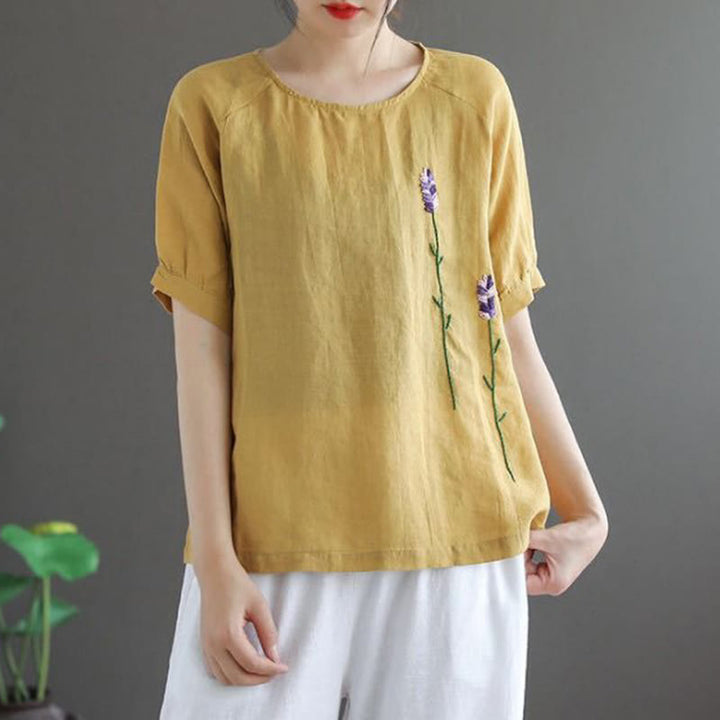 Buddha Stones Summer Vintage Embroidered Flower Pattern Women's Crew Neck Design Cotton Linen T-Shirt - image 7