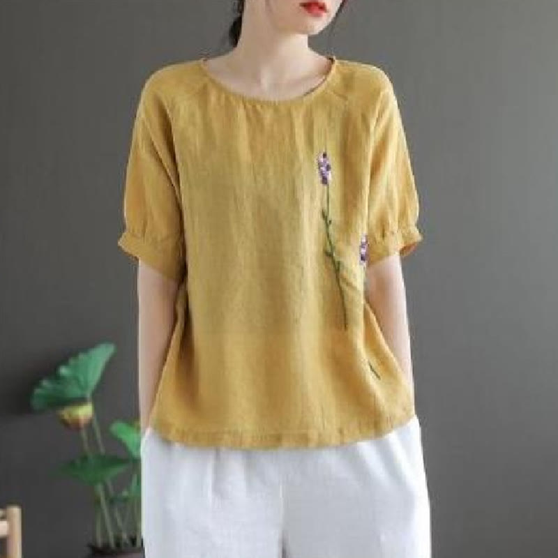 Buddha Stones Summer Vintage Embroidered Flower Pattern Women's Crew Neck Design Cotton Linen T-Shirt - Khaki - US8-10，UK/AU12-14，EU40-42 (2XL) - image 6