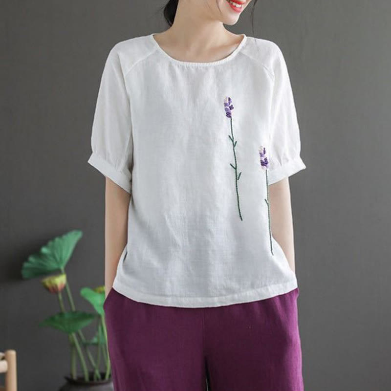 Buddha Stones Summer Vintage Embroidered Flower Pattern Women's Crew Neck Design Cotton Linen T-Shirt - image 15