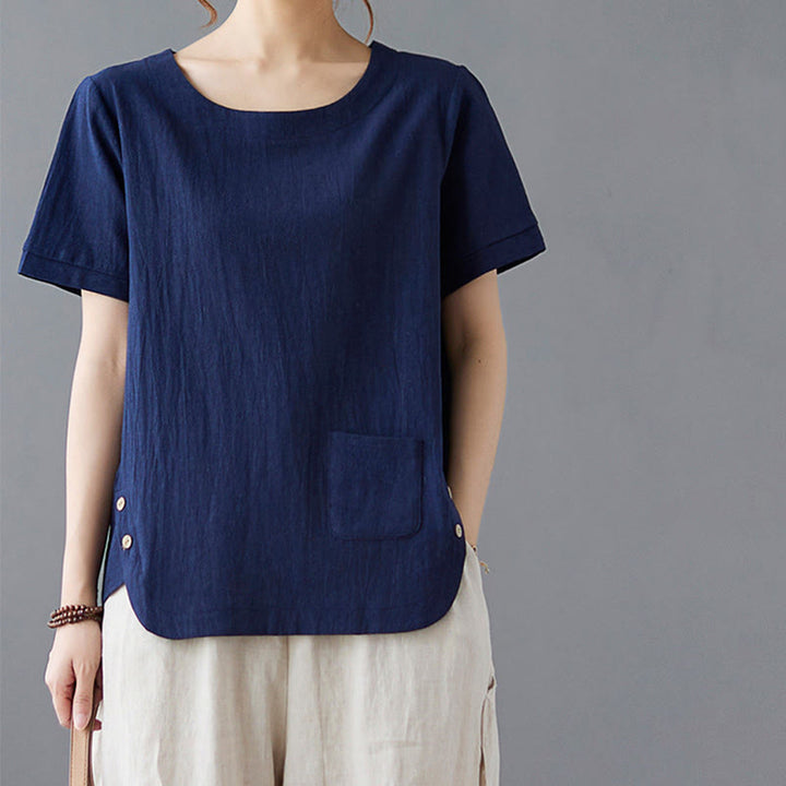 Buddha Stones Side Slit Design Women's Cotton Linen Crew Neck Short Sleeve T-Shirt Wtih Pocket - image 22